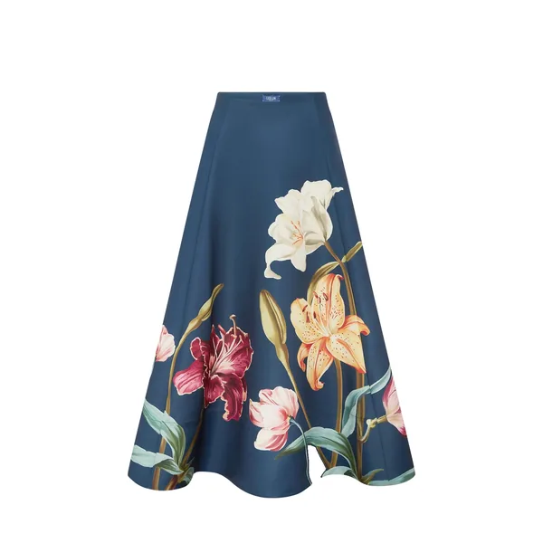 Elina Maxi Skirt in Lily Print in Indigo