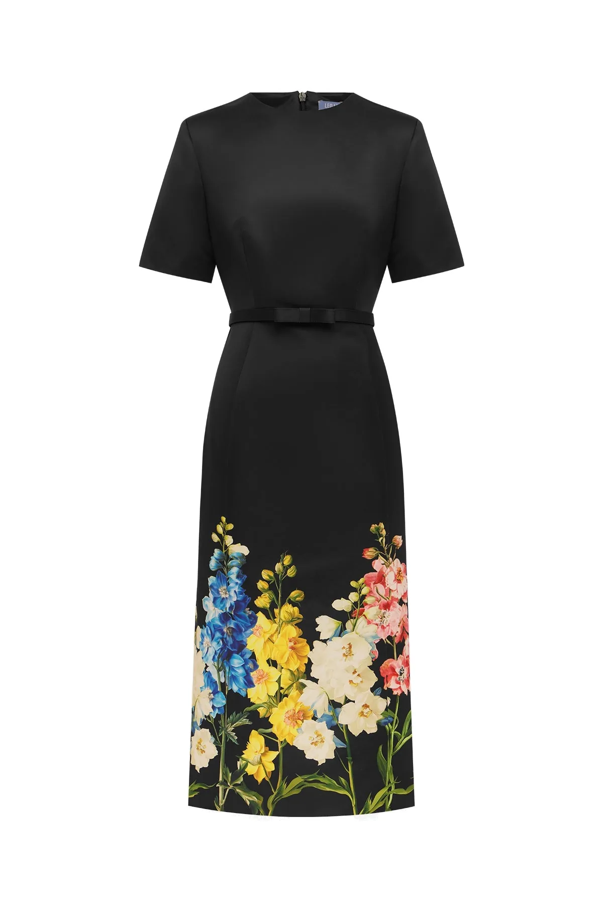 Elizabeth Short Sleeve Midi Dress in Snapdragon Print in Ebony