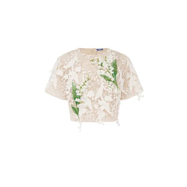 Indie Embellished Lace Sleeve Top in Snow Meadow