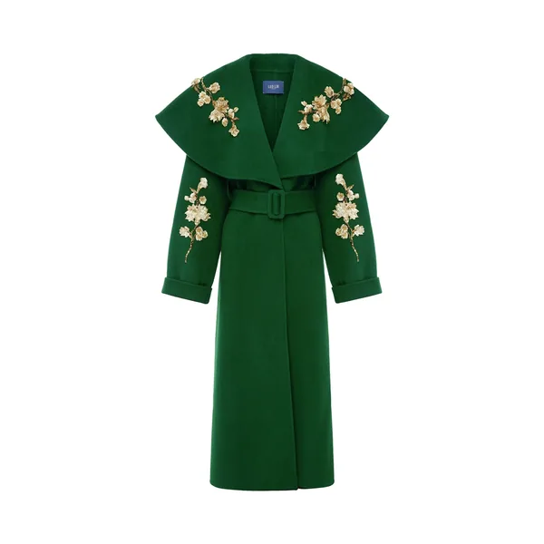 Joan Embellished Wool Coat in Forest