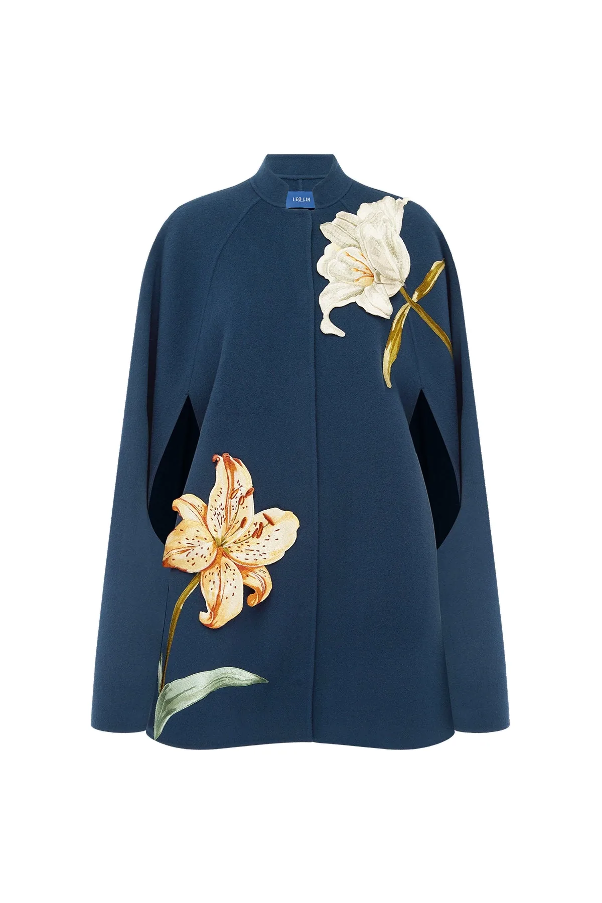 Sloane Embroidered Wool Cape Jacket in Lily Print in Indigo