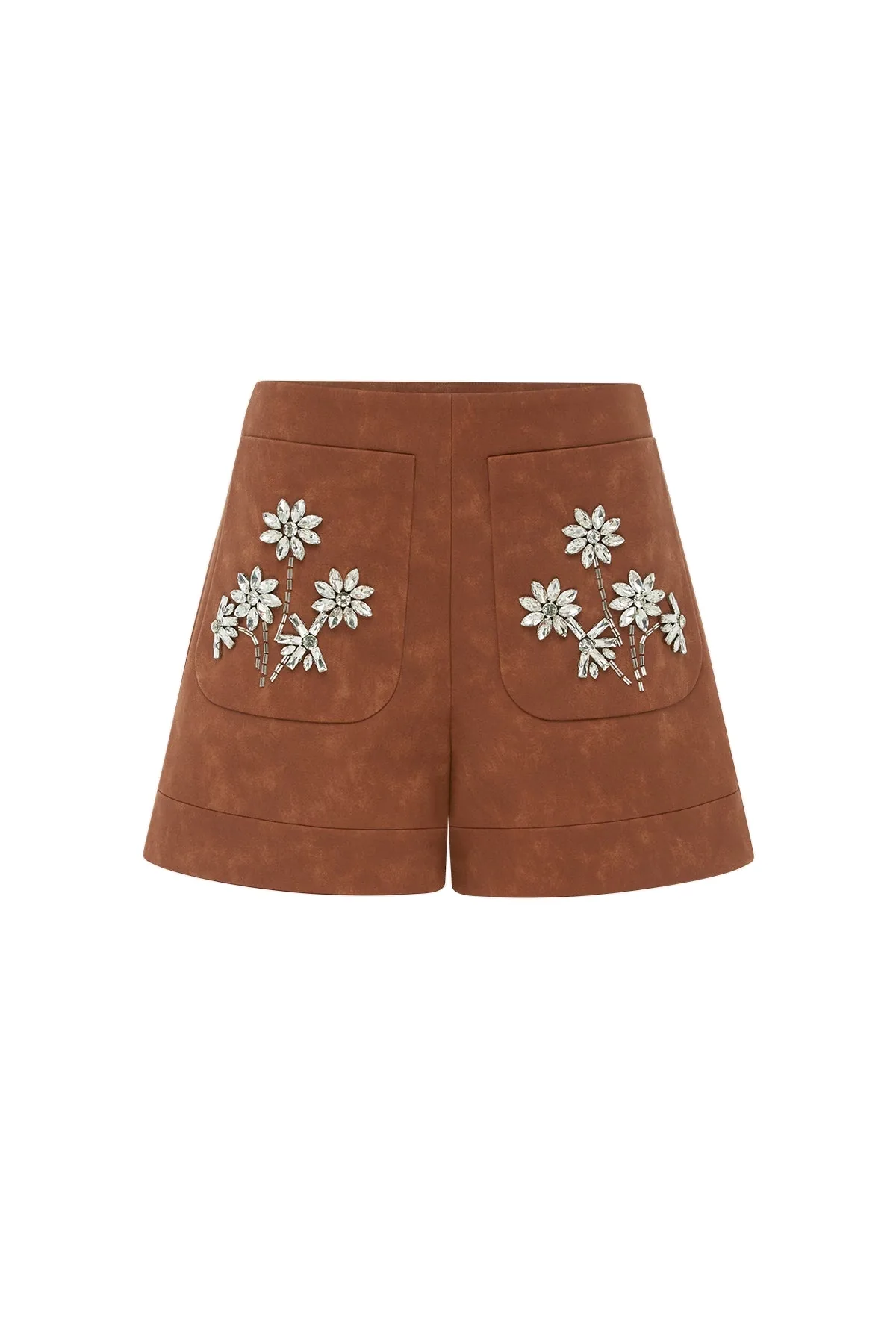 Tessa Embellished Vegan Suede Shorts in Chestnut