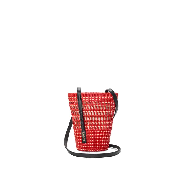Braid pocket in iraca palm and calfskin, Red/Natural