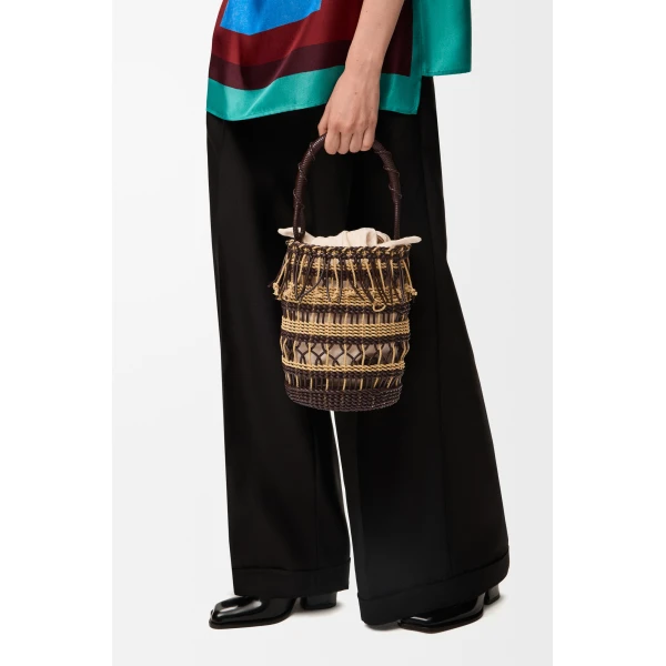 Loewe Bucket in cord and leather, Dark Brown/Multicolor | Bucket Bags | Luxury Shoes 