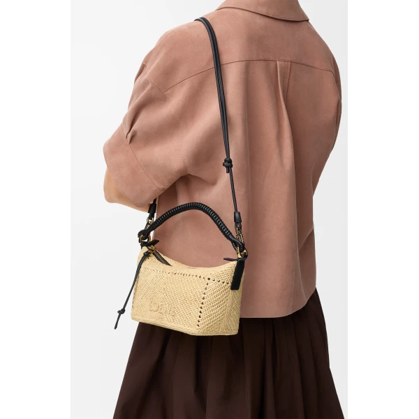 Loewe Cala mini bag in classic calfskin and raffia, Natural/Black | Totes & Top-Handle Bags | Luxury Shoes 