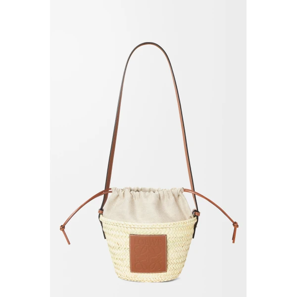 Loewe Drawstring bucket in palm leaf and calfskin, Natural/Tan | Totes & Top-Handle Bags | Luxury Shoes 
