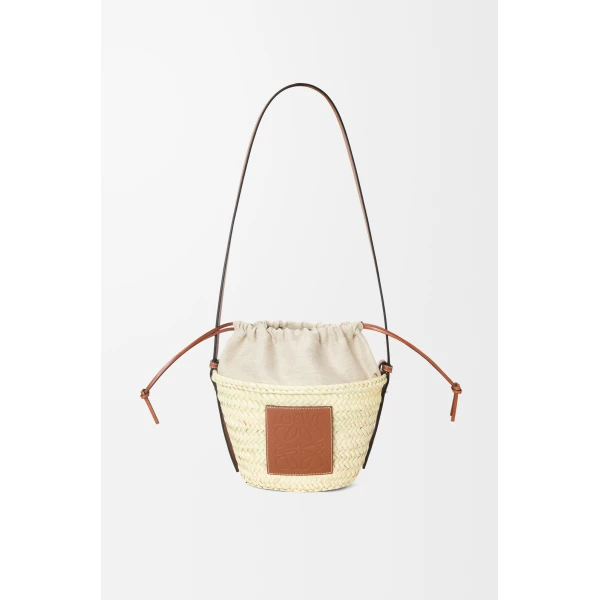 Loewe Drawstring bucket in palm leaf and calfskin, Natural/Tan | Totes & Top-Handle Bags | Luxury Shoes 