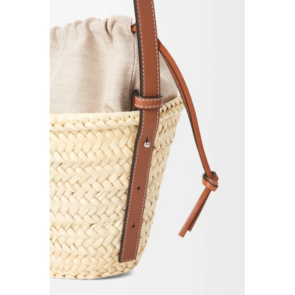 Loewe Drawstring bucket in palm leaf and calfskin, Natural/Tan | Totes & Top-Handle Bags | Luxury Shoes 