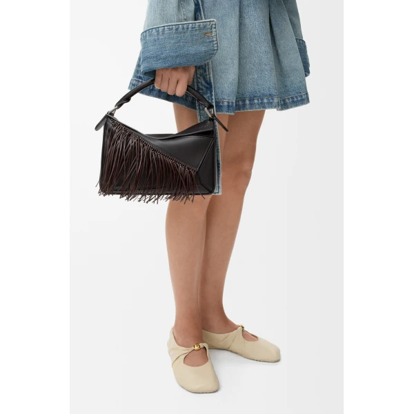 Loewe Fringe small Puzzle bag in classic calfskin, Black/Dark Chestnut | Shoulder & Crossbody Bags | Luxury Shoes 