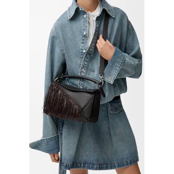 Loewe Fringe small Puzzle bag in classic calfskin, Black/Dark Chestnut | Shoulder & Crossbody Bags | Luxury Shoes 