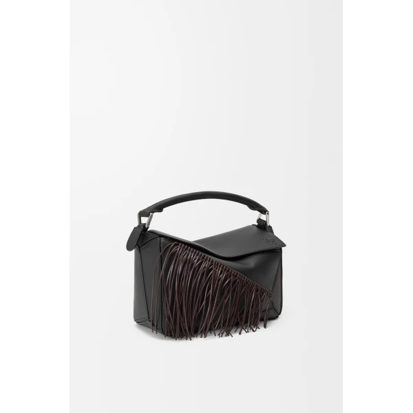 Loewe Fringe small Puzzle bag in classic calfskin, Black/Dark Chestnut | Shoulder & Crossbody Bags | Luxury Shoes 