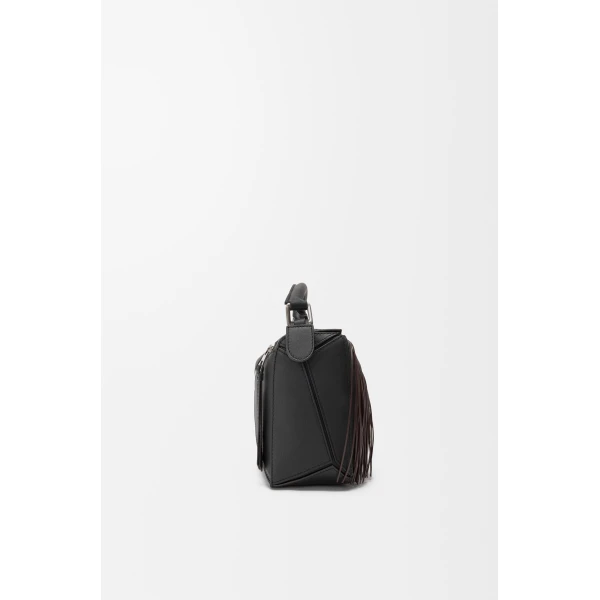 Loewe Fringe small Puzzle bag in classic calfskin, Black/Dark Chestnut | Shoulder & Crossbody Bags | Luxury Shoes 