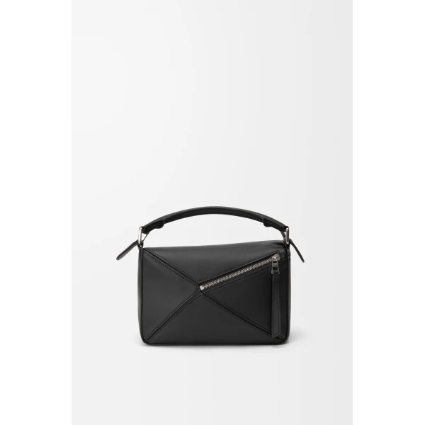 Loewe Fringe small Puzzle bag in classic calfskin, Black/Dark Chestnut | Shoulder & Crossbody Bags | Luxury Shoes 