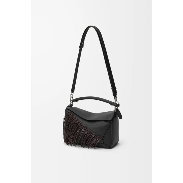Loewe Fringe small Puzzle bag in classic calfskin, Black/Dark Chestnut | Shoulder & Crossbody Bags | Luxury Shoes 