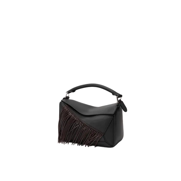 Loewe Fringe small Puzzle bag in classic calfskin, Black/Dark Chestnut | Shoulder & Crossbody Bags | Luxury Shoes 