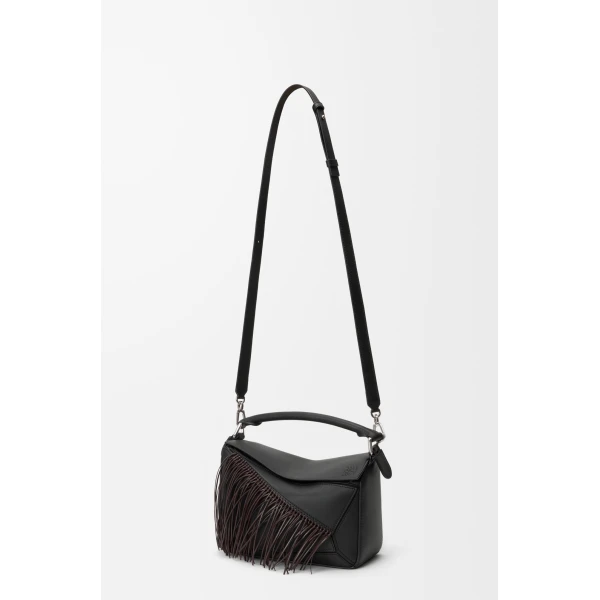 Loewe Fringe small Puzzle bag in classic calfskin, Black/Dark Chestnut | Shoulder & Crossbody Bags | Luxury Shoes 