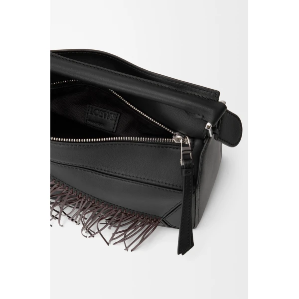 Loewe Fringe small Puzzle bag in classic calfskin, Black/Dark Chestnut | Shoulder & Crossbody Bags | Luxury Shoes 