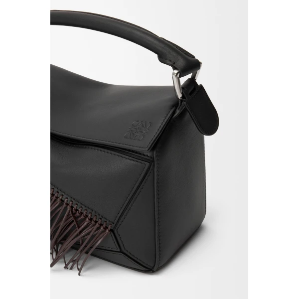 Loewe Fringe small Puzzle bag in classic calfskin, Black/Dark Chestnut | Shoulder & Crossbody Bags | Luxury Shoes 