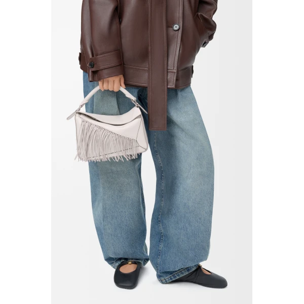 Loewe Fringe small Puzzle bag in classic calfskin, Soft White/Light Ghost | Shoulder & Crossbody Bags | Luxury Shoes 