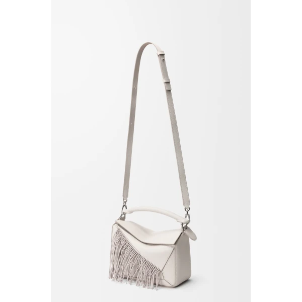 Loewe Fringe small Puzzle bag in classic calfskin, Soft White/Light Ghost | Shoulder & Crossbody Bags | Luxury Shoes 