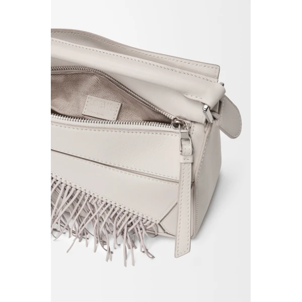 Loewe Fringe small Puzzle bag in classic calfskin, Soft White/Light Ghost | Shoulder & Crossbody Bags | Luxury Shoes 