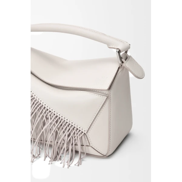 Loewe Fringe small Puzzle bag in classic calfskin, Soft White/Light Ghost | Shoulder & Crossbody Bags | Luxury Shoes 
