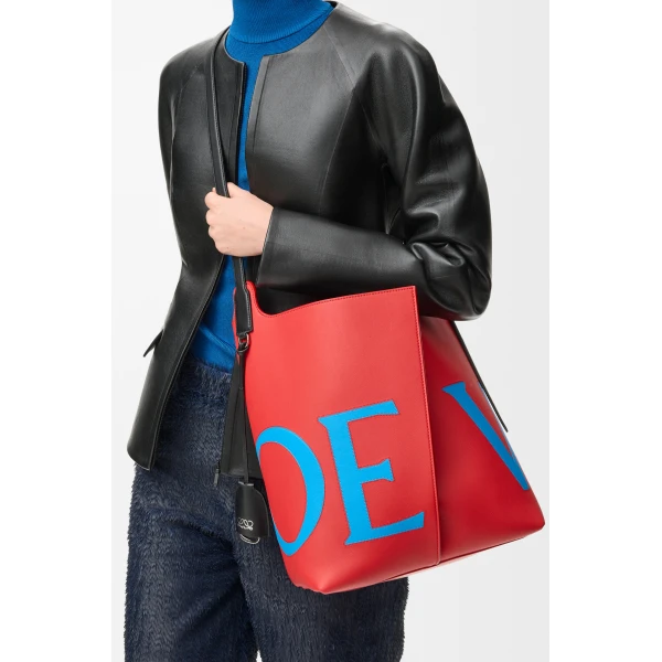 Loewe Large Bilbao bucket Oversized Logo in smooth calfskin, Red/Blue | Bucket Bags | Luxury Shoes 