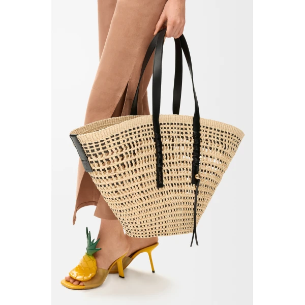 Loewe Large Braid basket in iraca palm and calfskin, Natural/Black | Totes & Top-Handle Bags | Luxury Shoes 