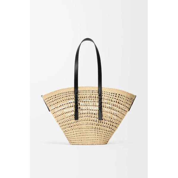 Loewe Large Braid basket in iraca palm and calfskin, Natural/Black | Totes & Top-Handle Bags | Luxury Shoes 