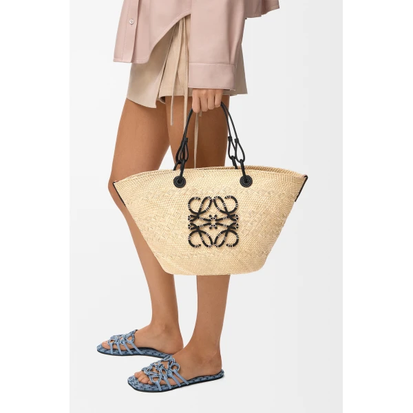 Loewe Medium Anagram Basket bag in iraca palm and calfskin, Natural/Black | Totes & Top-Handle Bags | Luxury Shoes 