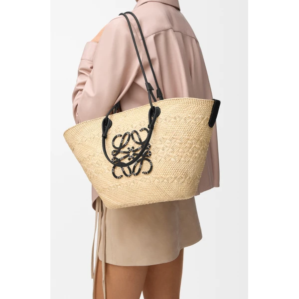 Loewe Medium Anagram Basket bag in iraca palm and calfskin, Natural/Black | Totes & Top-Handle Bags | Luxury Shoes 