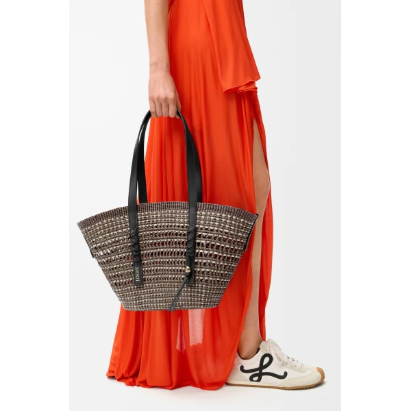 Loewe Medium Braid basket in iraca palm and calfskin, Khaki/Natural | Totes & Top-Handle Bags | Luxury Shoes 