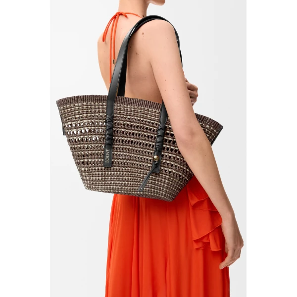 Loewe Medium Braid basket in iraca palm and calfskin, Khaki/Natural | Totes & Top-Handle Bags | Luxury Shoes 