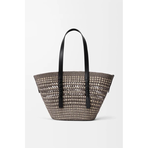 Loewe Medium Braid basket in iraca palm and calfskin, Khaki/Natural | Totes & Top-Handle Bags | Luxury Shoes 