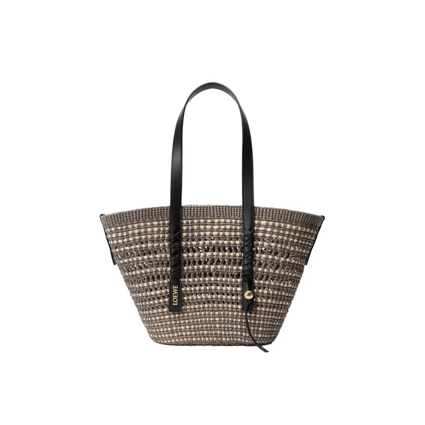 Medium Braid basket in iraca palm and calfskin, Khaki/Natural