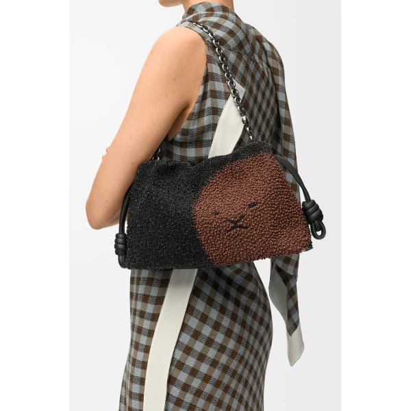 Loewe Medium Lion Beads Flamenco purse in beaded canvas and calfskin, Black/Pecan | Shoulder & Crossbody Bags | Luxury Shoes 
