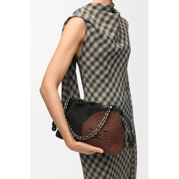 Loewe Medium Lion Beads Flamenco purse in beaded canvas and calfskin, Black/Pecan | Shoulder & Crossbody Bags | Luxury Shoes 