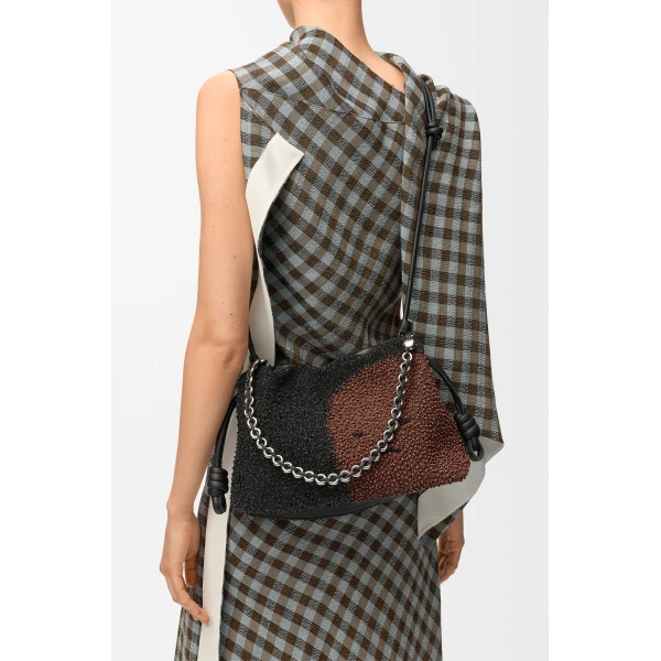 Loewe Medium Lion Beads Flamenco purse in beaded canvas and calfskin, Black/Pecan | Shoulder & Crossbody Bags | Luxury Shoes 