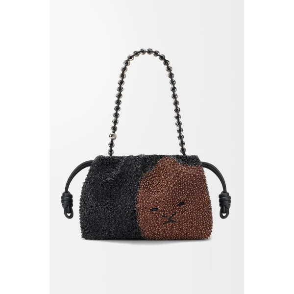 Loewe Medium Lion Beads Flamenco purse in beaded canvas and calfskin, Black/Pecan | Shoulder & Crossbody Bags | Luxury Shoes 