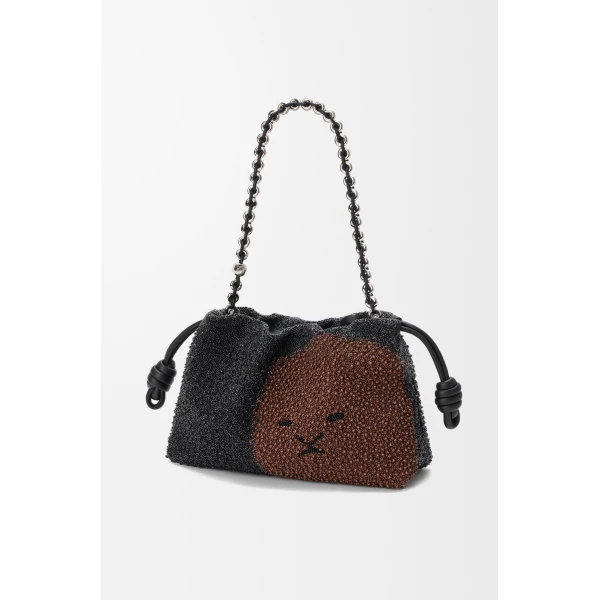 Loewe Medium Lion Beads Flamenco purse in beaded canvas and calfskin, Black/Pecan | Shoulder & Crossbody Bags | Luxury Shoes 