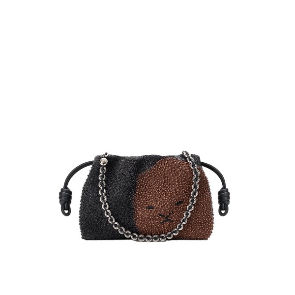 Loewe Medium Lion Beads Flamenco purse in beaded canvas and calfskin, Black/Pecan | Shoulder & Crossbody Bags | Luxury Shoes 