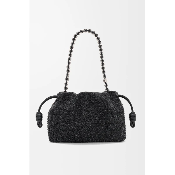 Loewe Medium Lion Beads Flamenco purse in beaded canvas and calfskin, Black/Pecan | Shoulder & Crossbody Bags | Luxury Shoes 