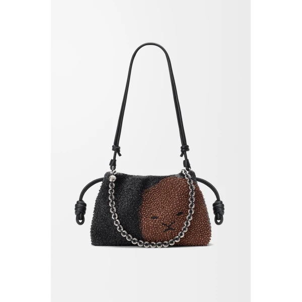 Loewe Medium Lion Beads Flamenco purse in beaded canvas and calfskin, Black/Pecan | Shoulder & Crossbody Bags | Luxury Shoes 