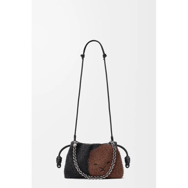 Loewe Medium Lion Beads Flamenco purse in beaded canvas and calfskin, Black/Pecan | Shoulder & Crossbody Bags | Luxury Shoes 