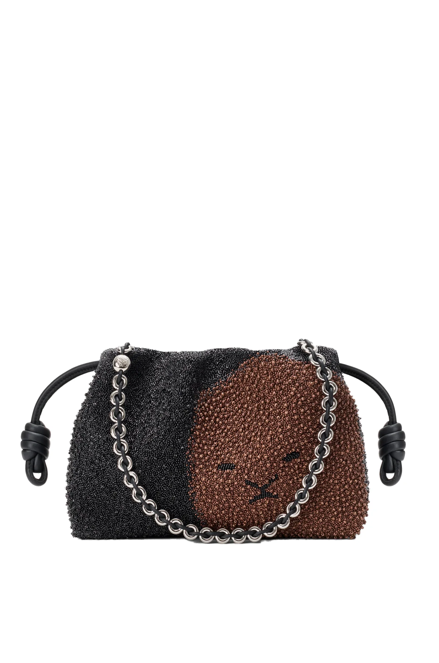 Loewe Medium Lion Beads Flamenco purse in beaded canvas and calfskin, Black/Pecan | Shoulder & Crossbody Bags | Luxury Shoes Loewe Medium Lion Beads Flamenco purse in beaded canvas and calfskin, Black/Pecan | Shoulder & Crossbody Bags | Luxury Shoes