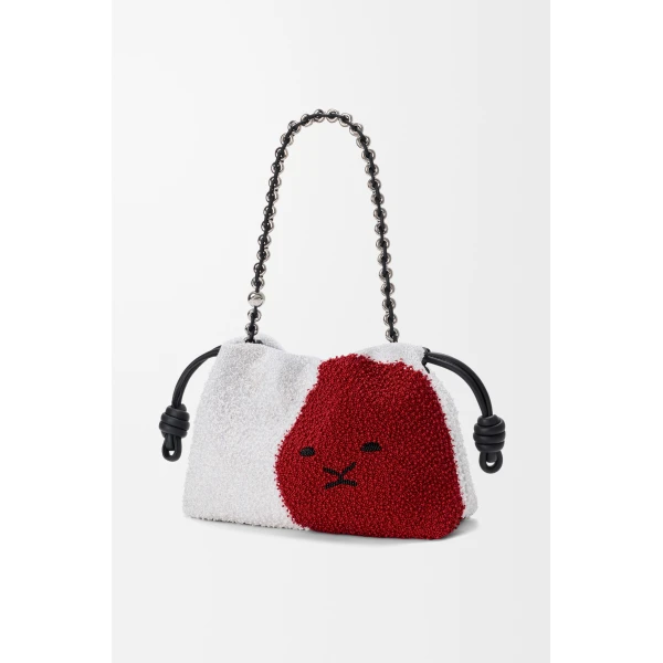 Loewe Medium Lion Beads Flamenco purse in beaded canvas and calfskin, White/Red | Shoulder & Crossbody Bags | Luxury Shoes 