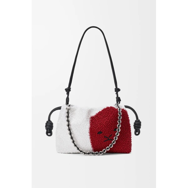 Loewe Medium Lion Beads Flamenco purse in beaded canvas and calfskin, White/Red | Shoulder & Crossbody Bags | Luxury Shoes 