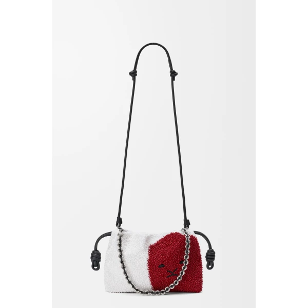 Loewe Medium Lion Beads Flamenco purse in beaded canvas and calfskin, White/Red | Shoulder & Crossbody Bags | Luxury Shoes 