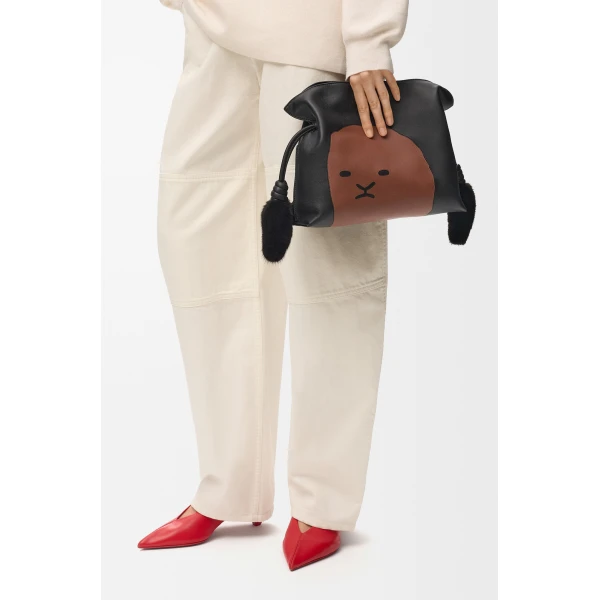 Loewe Medium Lion Intarsio Flamenco clutch in calfskin, Black/Pecan | Shoulder & Crossbody Bags | Luxury Shoes 