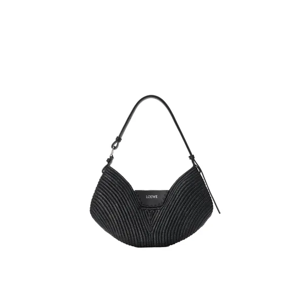 Medium Loewe Swing bag in raffia and calfskin, Black
